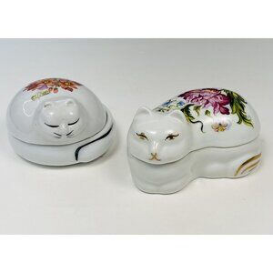 VTG Lot 2 Chelsea Gardens by Elizabeth Arden Ceramic Floral Cat TRINKET BOXES